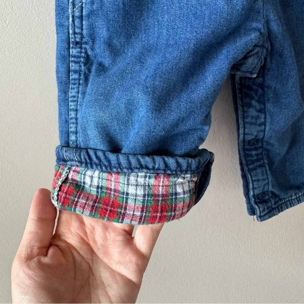 Vintage Osh Kosh‎ B’Gosh Baby Red Green Plaid Flannel Denim Overalls 6-9 months